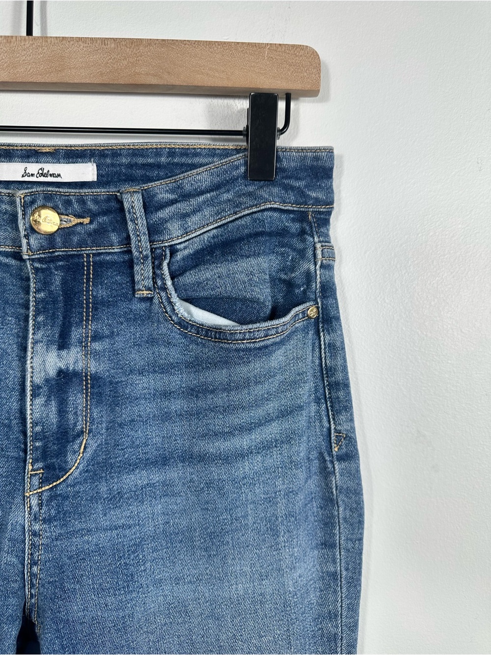 Sam Edelman The Stiletto High Rise Crop Boot Jeans Size 27 Medium Wash Raw Hem - Picture 7 of 13